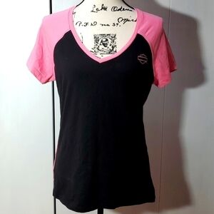 Harley Davidson- Pink & Black Biker Top Short Sleeve Logo Sz.Large